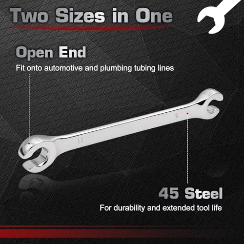 Flare Nut Wrench 9mm x 11mm Double Open End 45 Steel Metric Brake Line Wrenches 15-Degree Offset Design for Removing and Onstalling Nuts in Automotive, Plumbing, and Industrial Applications - size: 9*11mm