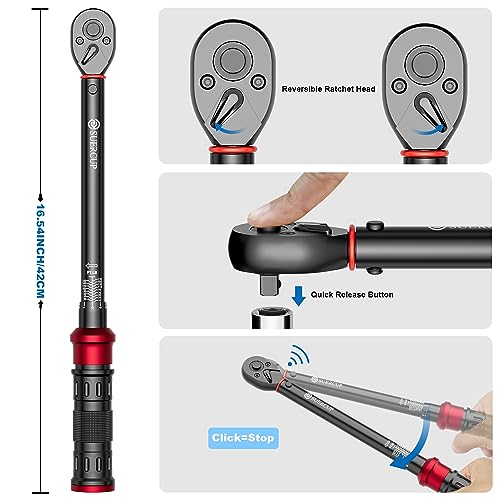 SUERCUP Next-Gen 100-Tooth, 1/2" Drive Click Torque Wrench, 10-170 Ft.Lb | 13.6-230.5 N.m, ±3% Accuracy, 3.6° Arc Swing Tool for Truck/SUV Suspension, Heavy Duty Control Arms, Lug Nuts & Auto Repair - size: (100Tooth) 1/2" 10-170 Ft.Lb/13.6-230.5 N.m
