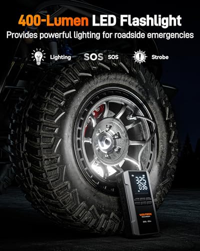 WOLFBOX MV16A 3000A Jump Starter with Air Compressor, 59.2Wh&160PSI Portable Car Battery Jump Starter with 65W Fast Charging, 12V Battery Pack (8L Gas 6L Diesel) with Boost, Light and Jumper Cables - size: 3000A