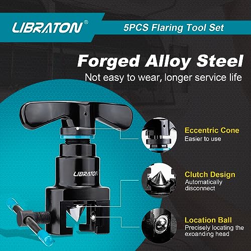 LIBRATON Flaring Tool, HVAC Flaring Tool Kit, Copper Flaring Tool, 45° Eccentric Single Flare Tool for 1/4''-3/4'' and 6-19mm with Pipe Cutter, Deburring Tool for Copper Aluminum Pipe