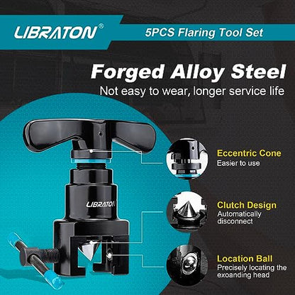 LIBRATON Flaring Tool, HVAC Flaring Tool Kit, Copper Flaring Tool, 45° Eccentric Single Flare Tool for 1/4''-3/4'' and 6-19mm with Pipe Cutter, Deburring Tool for Copper Aluminum Pipe