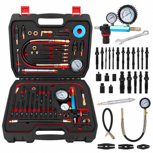 46PCS Compression and Leakage Test Kit Petrol & Diesel Compression Tester Kit Automotive Cylinder Leak Down Tester with Dual Gauge Engine Compression Tester Kit for HDI, TDCi, Pumpe Duse Engine