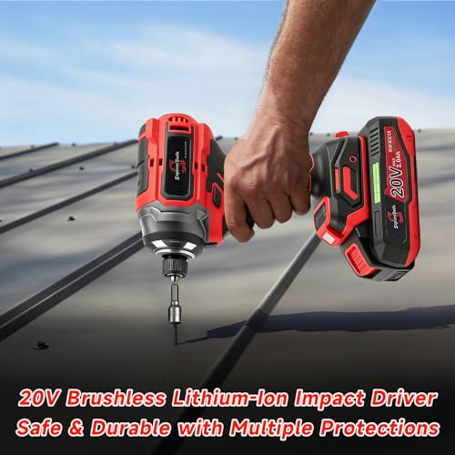 21V Brushless 1/4'' Impact Driver kit,with 2*2.0AH Batteries,300N.m High Torque,4-Speed Adjustable Torque with Memory Function,Variable Speed ＆Brake Stop,LED Light,for Wood Metal Drilling