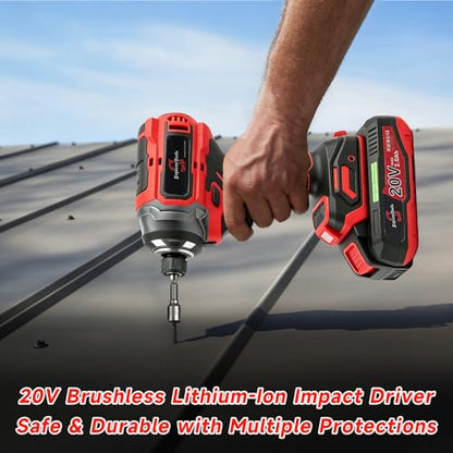 21V Brushless 1/4'' Impact Driver kit,with 2*2.0AH Batteries,300N.m High Torque,4-Speed Adjustable Torque with Memory Function,Variable Speed ＆Brake Stop,LED Light,for Wood Metal Drilling