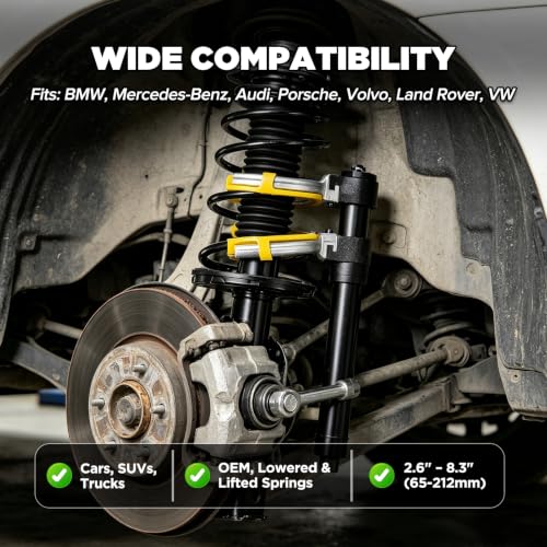 Heavy Duty On-Vehicle Strut Spring Compressor Kit for SUVs and Trucks | 4500kg/9921lbs cap, heat-treated steel ACME screw. 3 yoke pairs: 2.6"-8.3" OD. U-shaped fork for knuckle & ball joint work.