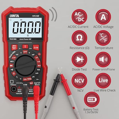 BINTA Digital Multimeter 2000 Counts Voltmeter with AC/DC Voltage Current | Battery Tester Ohm Volt Amp Meter, Multimeter Tester with NCV, Temperature, Diode Measuring for Automotive Home Industrial - style: 2000 Counts