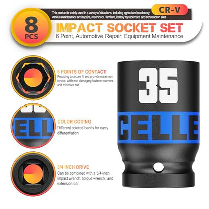 8 Piece 3/4-Inch Drive Impact Socket Set, 26-38mm Jumbo Sockets, Metric Alxe Nut Sockets for Automotive Repair, Equipment Maintenance - size: 3/4 Inch Metric Axle