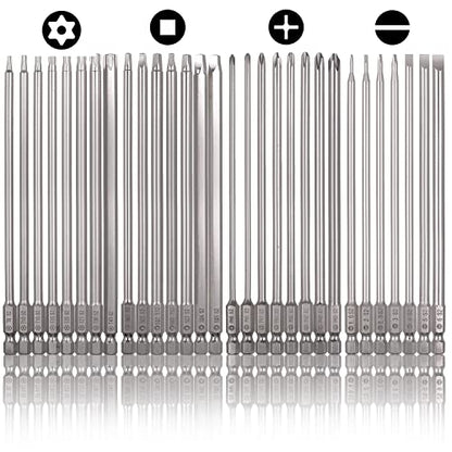 30 Pcs Long Screwdriver Bits for Drill Set, Mixiflor 1/4 Inch Hex Shank S2 Steel Magnetic 4 Inch Long Drill Bits with Storage Box(Slotted+Cross+Square +Torx) - style: Combination (Slotted+Cross+Square +Torx)