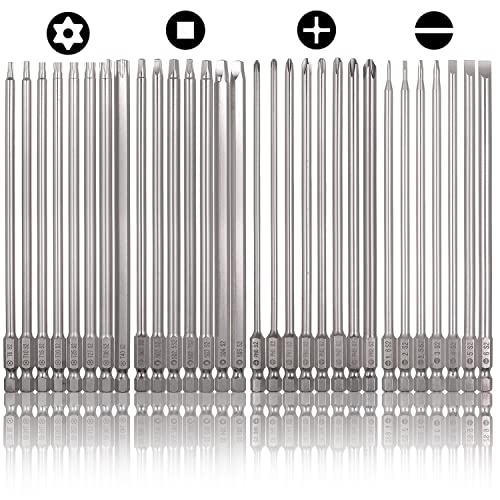 30 Pcs Long Screwdriver Bits for Drill Set, Mixiflor 1/4 Inch Hex Shank S2 Steel Magnetic 4 Inch Long Drill Bits with Storage Box(Slotted+Cross+Square +Torx) - style: Combination (Slotted+Cross+Square +Torx)