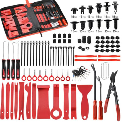 415pcs Car Trim Removal Tool Set - Auto Upholstery Pry Kit with Clip Pliers, 180 Retainer Clips, Stereo Keys, Hooks. POM Plastic Dashboard Door Panel Fastener Remover (415Pcs-RED) - style: 415Pcs-RED