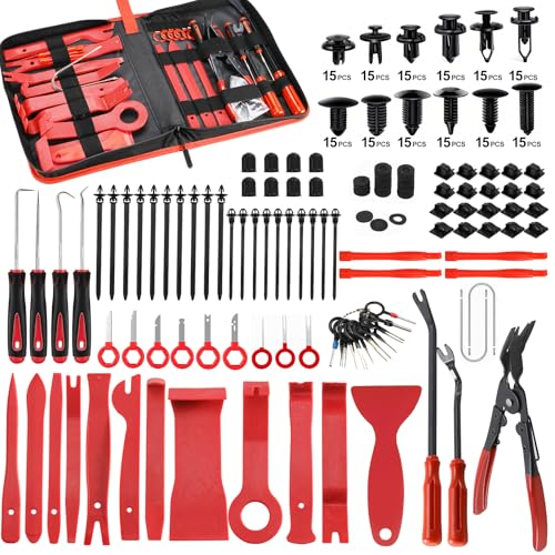 415pcs Car Trim Removal Tool Set - Auto Upholstery Pry Kit with Clip Pliers, 180 Retainer Clips, Stereo Keys, Hooks. POM Plastic Dashboard Door Panel Fastener Remover (415Pcs-RED) - style: 415Pcs-RED