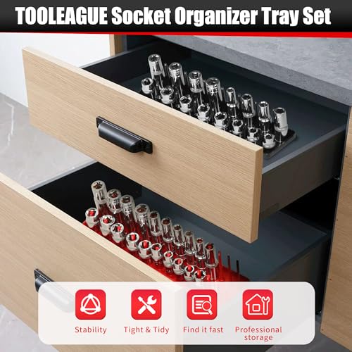 TOOLEAGUE 7Pcs Socket Organizer Tray and Magnetic Wrench Holder Set,Red SAE & Black Metric, 1/2", 1/4", 3/8" Socket Storage Trays for Tool Box Drawer - size: 7pcs