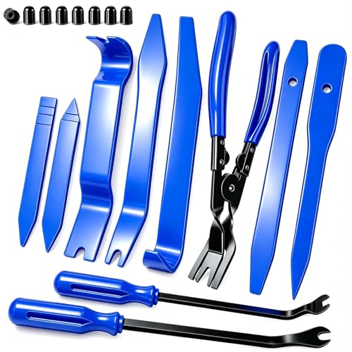 18Pcs Car Trim Removal Tool Kit Pry Tool Set, Panel Clip Pliers Door Panel Removal Tool Automotive Clip Removal Tool, Plastic Pry Tool Kit Auto with Valve Stem Caps for Car Interior Repair, Blue - color: blue