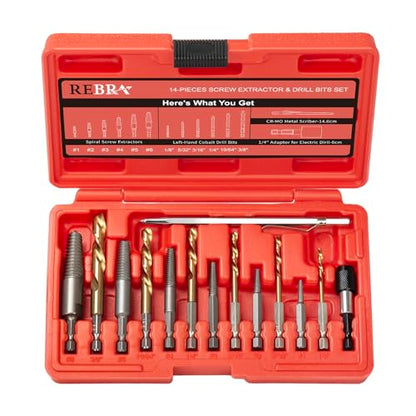 REBRA Screw Extractor and Left-Hand Drill Bit Set, Easy Out Broken Bolt Remover Reverse Cobalt HSS Steel Drill Kit, Ez Out Stripped, Rounded-Off, Damaged Bolts, Screws&Studs Removal Tool (14-Pieces) - style: 14-Pieces