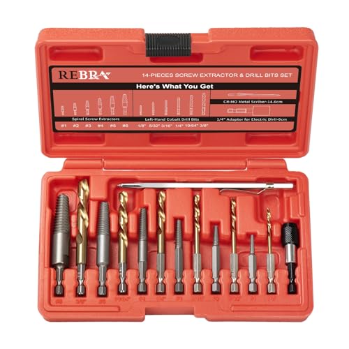 REBRA Screw Extractor and Left-Hand Drill Bit Set, Easy Out Broken Bolt Remover Reverse Cobalt HSS Steel Drill Kit, Ez Out Stripped, Rounded-Off, Damaged Bolts, Screws&Studs Removal Tool (14-Pieces) - style: 14-Pieces