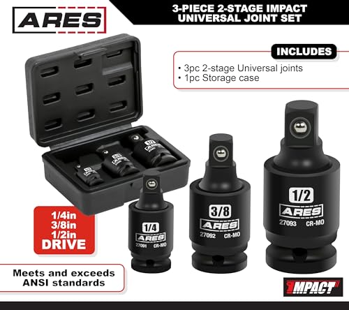 ARES 27027-3-Piece 2-Stage Impact Universal Joint Set – 2-Stage Ball Spring Design Changes Socket from Swivel to Fixed Position - 1/4-Inch, 3/8-Inch and 1/2-Inch Drive - size: 1/4-Inch, 3/8-Inch, 1/2-Inch 2-Stage Set