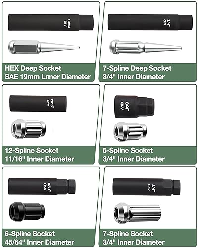 8-Piece Spline Socket Set for 5/6/7/12 Aftermarket Spline, Hex & Spike Lug Nuts, CR-V Steel SAE& Metric Wheel Lock Key Set, Portable Lug Nut Removal Tool Kit - size: Multi-Spline Socket Set
