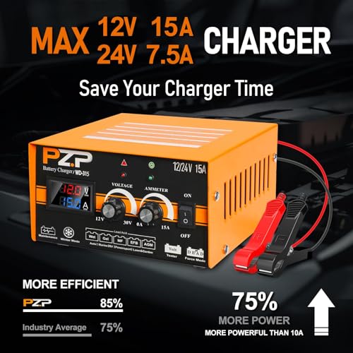 PZP 0-15Amp12V 24V Manual Battery Charger Maintainer, Arbitrarily Adjustable Car Battery Trickle Charger, Battery Desulfator with Repair, Winter Mode, Suitable for Motorcycle Car Truck Lawnmower Boat - color: Yellow-Manual