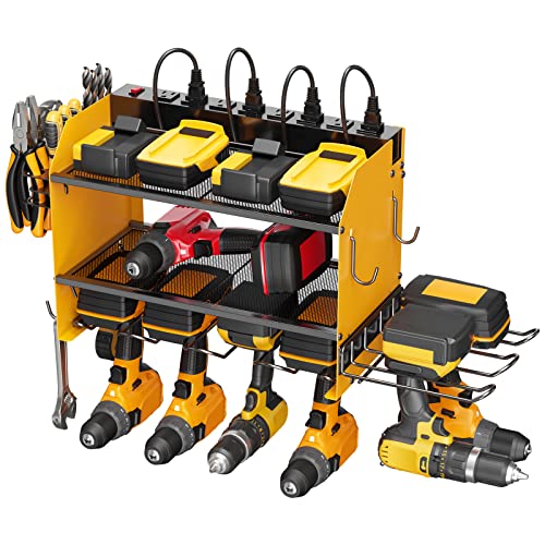 CCCEI Modular Power Tool Organizer Wall Mount Charging Station, Yellow 6 Drills Holder with 8 Plug Power Strip 10FT, Garage Drill Battery Heavy Duty Metal Shelf, Utility Rack with Hooks, Side Storage. - color: Yellow, size: 10FT Cord
