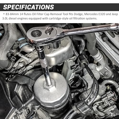 Oil Filter Wrench Compatible with Dodge, Mercedes E320, and Jeep 3.0L Diesel Engines, 83-84mm 14Flutes Cap Removal Tool Socket Alloy Steel