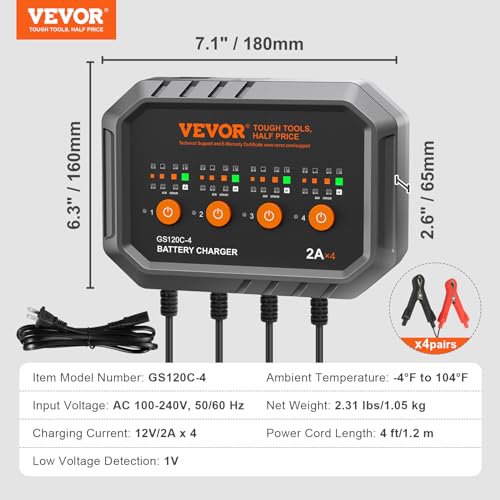 VEVOR Smart Battery Charger, 2A x 4, LiFePO4 Lead-Acid (AGM/Gel/SLA) Car Battery Charger, Fully-Automatic Charger Maintainer Desulfator for Boat Motorcycle Lawn Mower Golf Cart Marine Deep Cycle - size: 2A*4