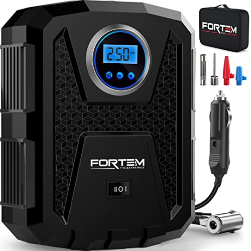 FORTEM Tire Inflator Portable Air Compressor, Air Pump for Car Tires and Bikes, Car Tire Pump w/Auto Shut Off, 150 PSI, 12V DC, LED Light, Carrying Case, Perfect For Men, Women - color: Black, size: Medium