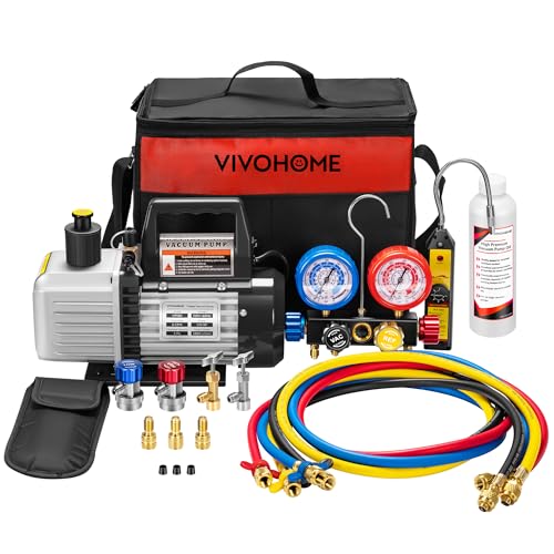 VIVOHOME Upgraded 5CFM 1/3 HP 1-Stage HVAC Vacuum Pump and 4 Way AC Manifold Gauge Set with Leak Detector 5ft Hoses for R134a R12 R22 R502 R410a, Mini Split & Car Air Conditioner Maintenance - color: black, size: 5CFM