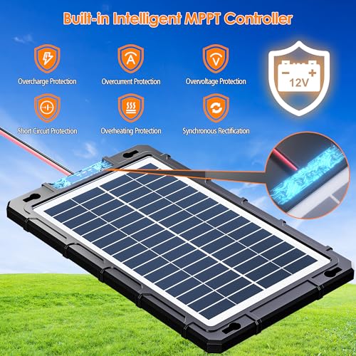 Rhorawill 8W 12V Solar Battery Charger & Maintainer, Waterproof Solar Panel Trickle Charging Kit Built-in Charge Controller, Solar Trickle Charger for Car Boat RV Motorcycle Trailer Automotive, etc.