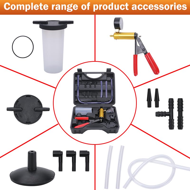 2 in 1 Brake Bleeder Kit with Hand Vacuum Pump with Gauge Adapters Automotive Brake Fluid Bleeding Set with Protected Case for Car Truck （Black） - color: BLACK1