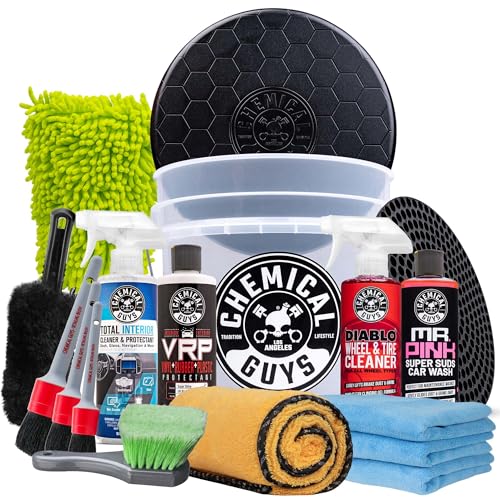 Chemical Guys, 17-Piece Car Detailing Kit, Interior, Wheel & Wash Cleaners | Takes a neglected car from grimy to detailed inside and out; the brushes reach vents, seams and lug nuts by hand