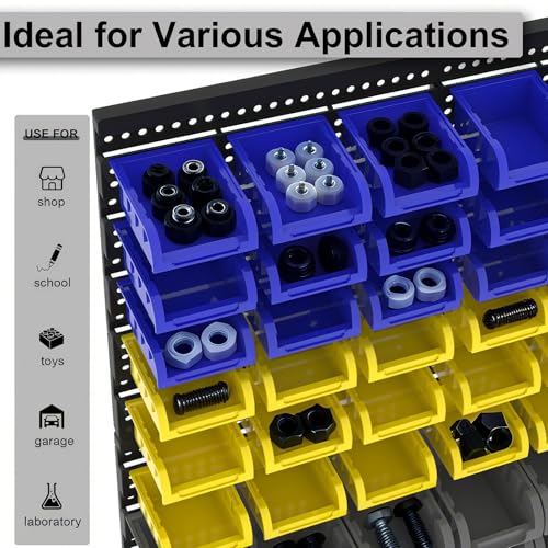 Wall Mounted Storage System 90PCS - Heavy-Duty Plastic Bins for Garage，Home, Closet & Bedroom Organization, Rack Holds Nuts, Bolts, Tools, Hardware - color: 30blue+30yellow+30grey