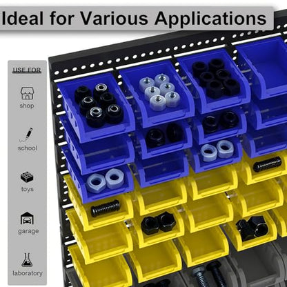 Wall Mounted Storage System 90PCS - Heavy-Duty Plastic Bins for Garage，Home, Closet & Bedroom Organization, Rack Holds Nuts, Bolts, Tools, Hardware - color: 30blue+30yellow+30grey