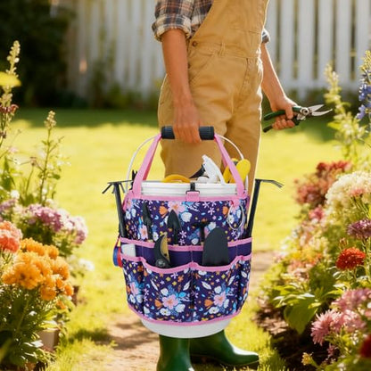 KUNN 5 Gallon Bucket Tool Organizer 18-Pocket Heavy-Duty Bucket Caddy with Hangable Handle & Comfort Grip Pad | Gardening Tool Bag, Garden Organizer Storage Bag Accessory for Gardeners, Purple - style: Purple Floral