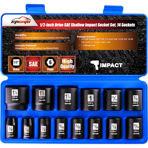 EPAuto 1/2-Inch Drive SAE Shallow Impact Socket Set, CRV, 6-Point 14 Sockets - style: SAE - Shallow