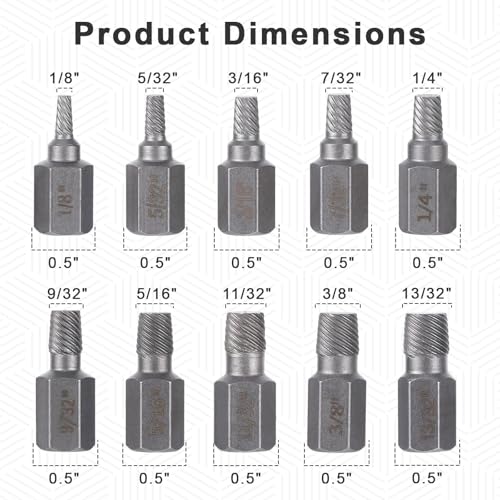10Pcs Easy Out Screw Extractor Set,Broken Head Bolt Screw Cap Extractor,Hex Broken Bolt Extractor Kit,Broken Head Screw Hexagon Socket Bolt Removal Tool,Hex Head Bolt Remover Kit,Father's Day Gifts - color: Sliver