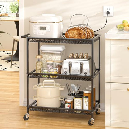 3 Tier Rolling Utility Kitchen Cart, Heavy Duty Wire Rolling Cart on Wheels, Commercial Metal Serving Carts with Handle, Kitchen Island Plant Shelf Food Storage Trolley for Laundry, Office, Garage - color: Black