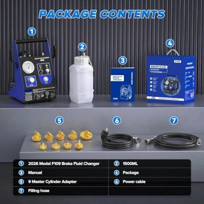 Electric One Man Vacuum Pressure Brake Bleeder Fluid Kit | 9PCS Adapters, 1L Waste Oil Bottle, Air-Free Fitting, Fits Car & Motorcycle Toyota Honda BMW Ford Audi Chevrolet Benz