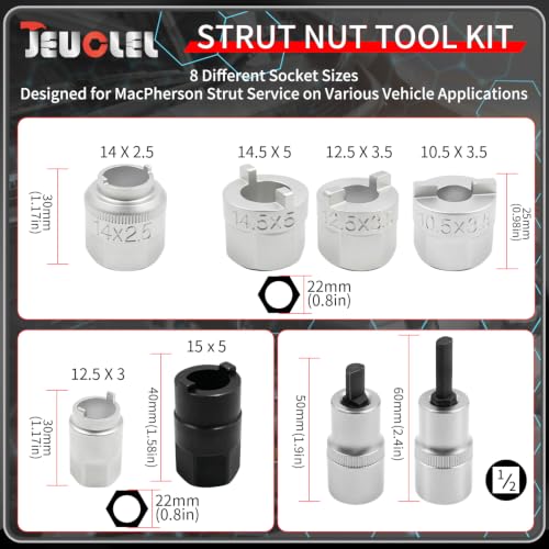 8PCS Strut Nut Tool Kit with Shock Absorber Socket, Suspension Strut Spreader Socket, Compatible with Mercedes-Benz, Volkswagen, Audi & More Macpherson, Damper Shaft During Strut CR-V Steel
