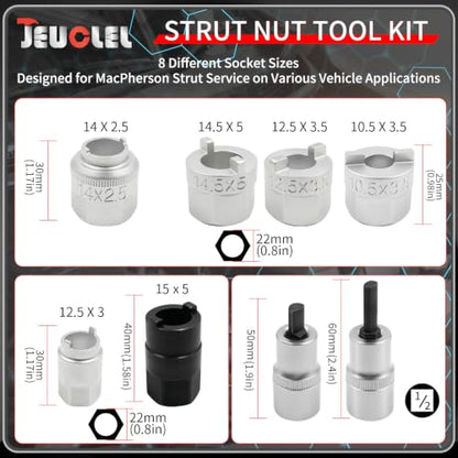 8PCS Strut Nut Tool Kit with Shock Absorber Socket, Suspension Strut Spreader Socket, Compatible with Mercedes-Benz, Volkswagen, Audi & More Macpherson, Damper Shaft During Strut CR-V Steel