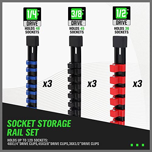 SWANLAKE 9-Piece Premium Socket Holder Organizer Set, 1/4-Inch x 48 Clips, 3/8-Inch x 45 Clips, 1/2-Inch x 36 Clips, Premium Quality Socket Clip Rail Holder - style: 9 PCS Red&Black&Blue