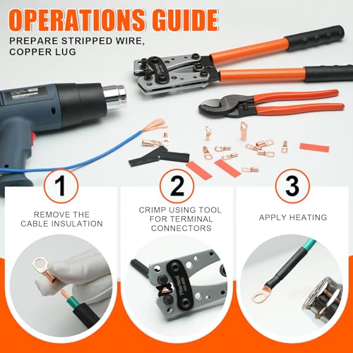 Battery Cable Crimper Tool For AWG 10-1/0 Gauge Electrical Lug, Battery Terminal Connectors with 60PCS Copper Wire Lugs, Wire Crimping Tool For Heavy Duty Copper Wire Lugs