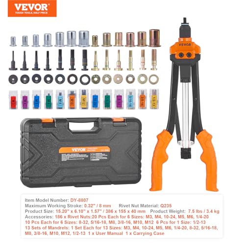VEVOR Rivet Nut Tool, 16 inch Rivnut Tool Kit with 13PCS Metric and SAE Mandrels, 186PCS Rivet Nuts, Semi-auto Retraction, M3, M4, M5, M6, M8, M10, M12, 1/4-20, 5/16-18, 3/8-16, 1/2-13, 8-32, 10-24 - size: 16"-AUTO, style: RIVET NUT TOOL