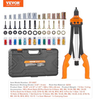 VEVOR Rivet Nut Tool, 16 inch Rivnut Tool Kit with 13PCS Metric and SAE Mandrels, 186PCS Rivet Nuts, Semi-auto Retraction, M3, M4, M5, M6, M8, M10, M12, 1/4-20, 5/16-18, 3/8-16, 1/2-13, 8-32, 10-24 - size: 16"-AUTO, style: RIVET NUT TOOL
