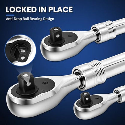 3-Piece Extendable Ratchet Set, 1/4" 3/8" 1/2" Drive 72-Tooth Quick-Release Reversible Socket Wrench with Soft Grip Handle & Storage Tray, CR-V Steel for Auto Repair & DIY - size: Extendable Ratchet
