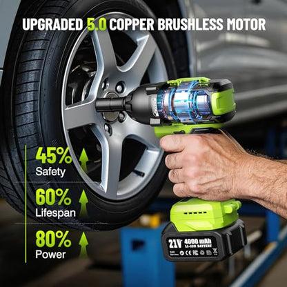 Robustrue Cordless Impact Wrench, 885Ft-lbs (1200N.m) 1/2" Brushless Impact Gun, 21V High Torque Power Impact Driver, 2x4.0Ah Batteries Electric Impact Motor Variable Speeds for Car/Truck RV/Mower - size: 1200N.m