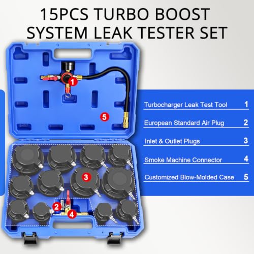 Turbo Boost System Leak Tester Kit 15PCS Turbocharger Leakage Detector Set | Turbine Pressure Testing Tool (6 Bar), 6 Pairs Stepped Adapters (1-4/5" to 4" Inlet & Outlet Plugs), Smoke Machine Connector