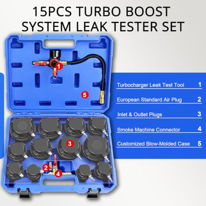 Turbo Boost System Leak Tester Kit 15PCS Turbocharger Leakage Detector Set | Turbine Pressure Testing Tool (6 Bar), 6 Pairs Stepped Adapters (1-4/5" to 4" Inlet & Outlet Plugs), Smoke Machine Connector