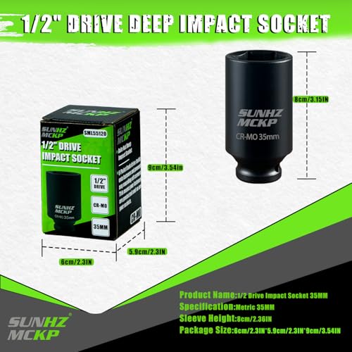 SUNHZMCKP 1/2 Inch Drive Impact Socket, Metric 35 mm Deep 6 Point Socket, CR-MO, Axle Nut Impact Grade Socket for Easy Removal - color: Metric, size: 35 mm