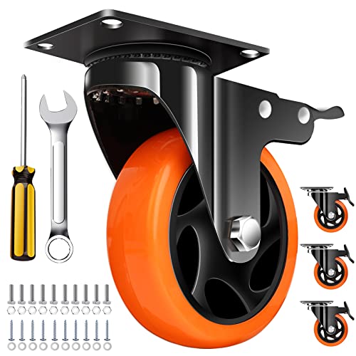 QNCZ 4" Caster Wheels, Outstanding Casters Set of 4 Heavy Duty, Silent Industrial Casters, Locking Casters Wheels for Furniture, Castor Wheels for Cart, Workbench. - color: Orange, size: 4 IN