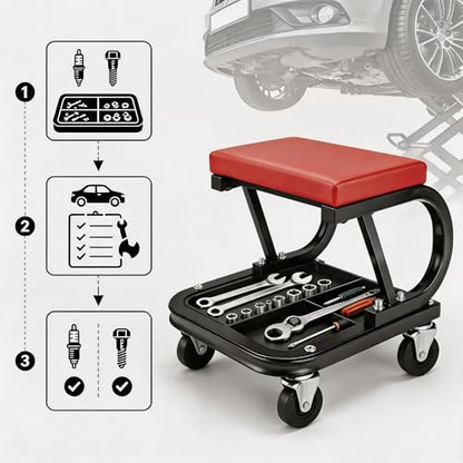 Rolling Creeper Garage/Shop Seat, Padded Rolling Workshop Stool Garage Shop Stool with Divided Tool Storage Tray for Auto Repair Workshop Home Maintenance, 300 Lbs Capacity